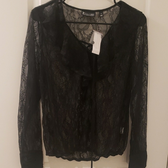 New York & Company Tops - New York & Company Black Ruffled Long Sleeve Blouse